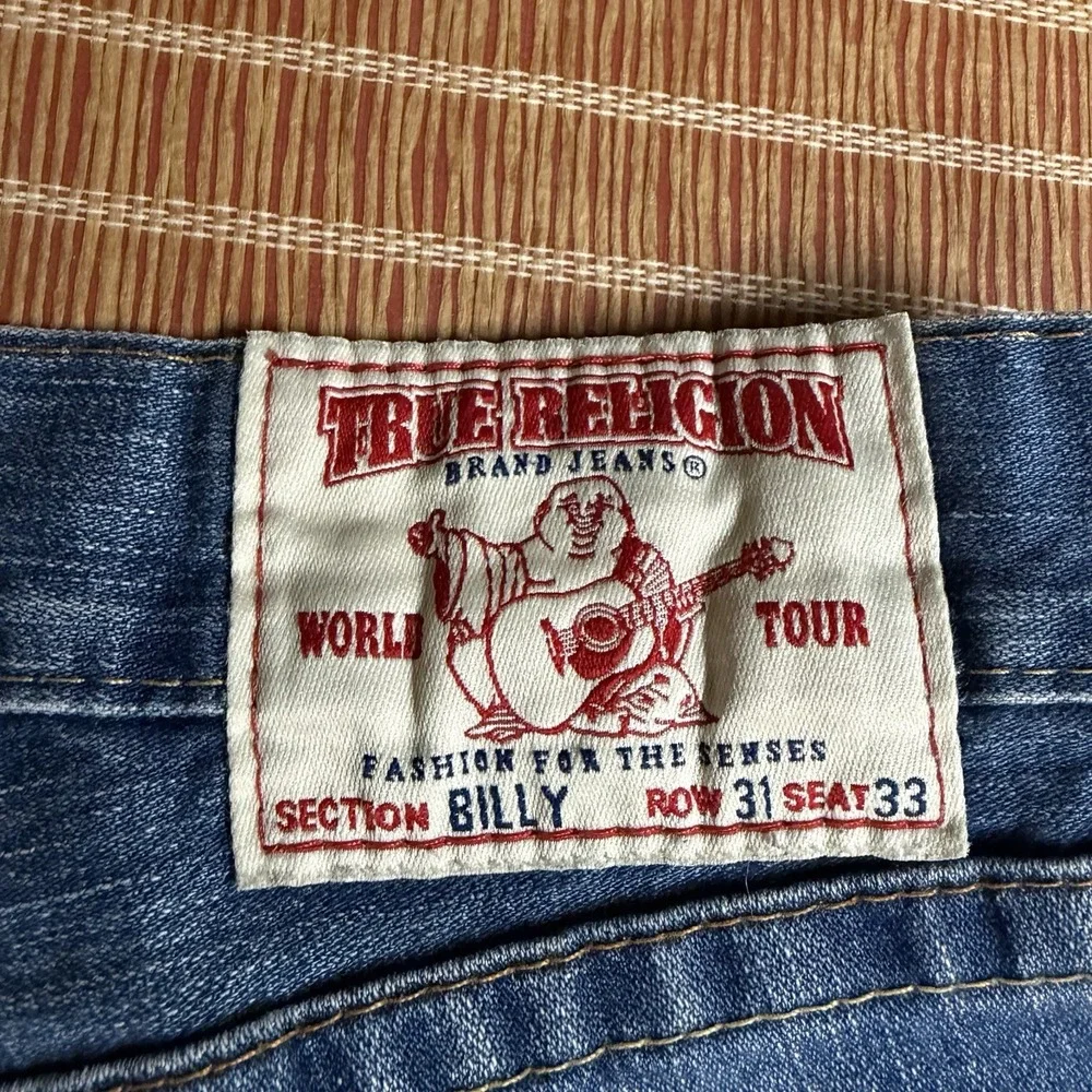 True Religion Mens Jeans 33x31 Y2K Distressed Embroidered Red Orange Full Pocket